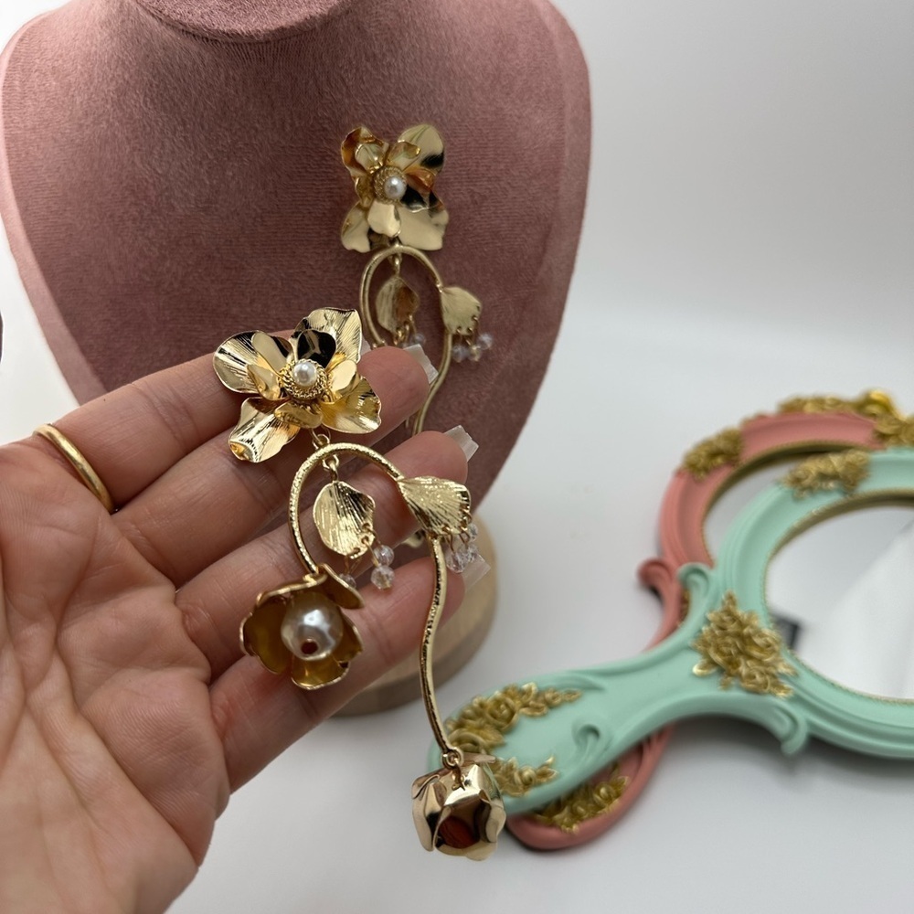 Gold Floral Drop Earrings - Picture 8 of 11